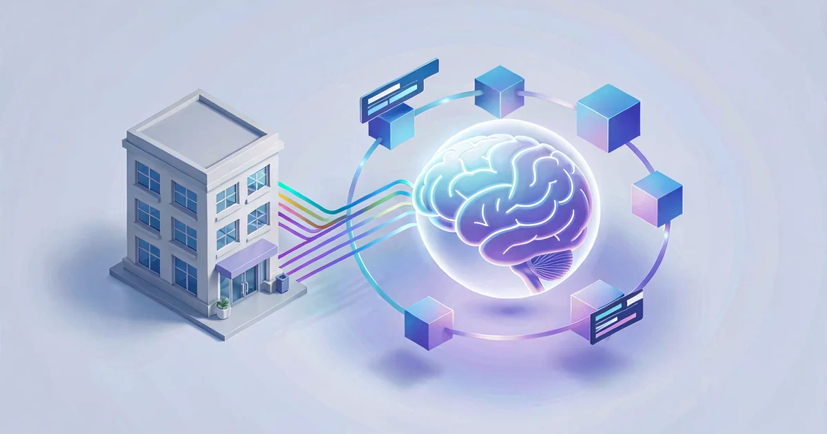 Un edificio de una pequeña empresa conectado por líneas de datos luminosas a un núcleo de asistente de IA, con bloques modulares ensamblándose alrededor