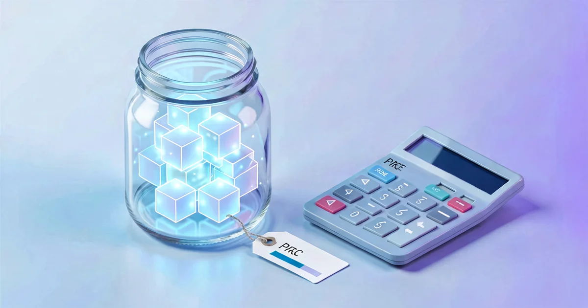 Un tarro transparente con bloques geométricos de software junto a una etiqueta de precio, símbolo de precios transparentes en software