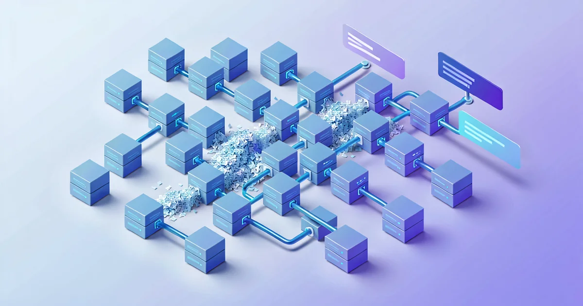 Bloques de datos dispersos fluyendo hacia tuberías de base de datos limpias y ordenadas que representan datos listos para la IA