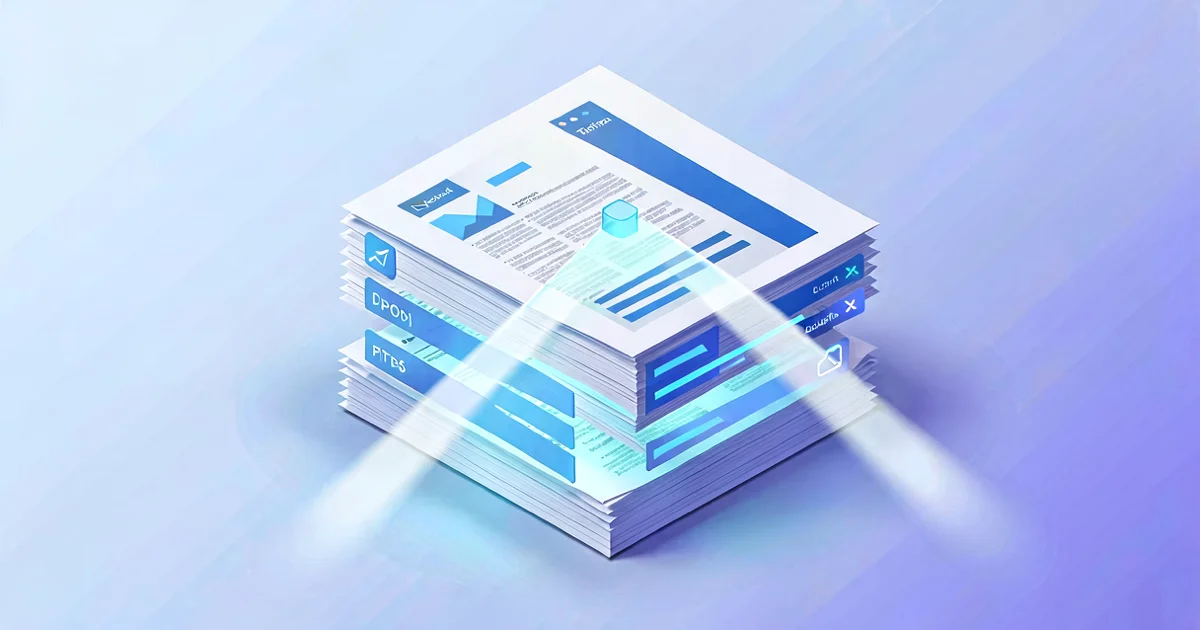 Pilas de documentos y facturas en papel transformándose en flujos de datos digitales estructurados