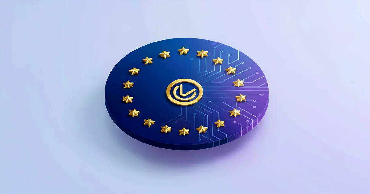 Bandera de la Unión Europea superpuesta con circuitos abstractos, símbolo de la regulación de la IA
