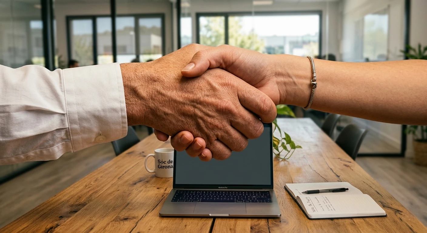 Un apretón de manos sobre una mesa con un portátil mostrando un plan de proyecto
