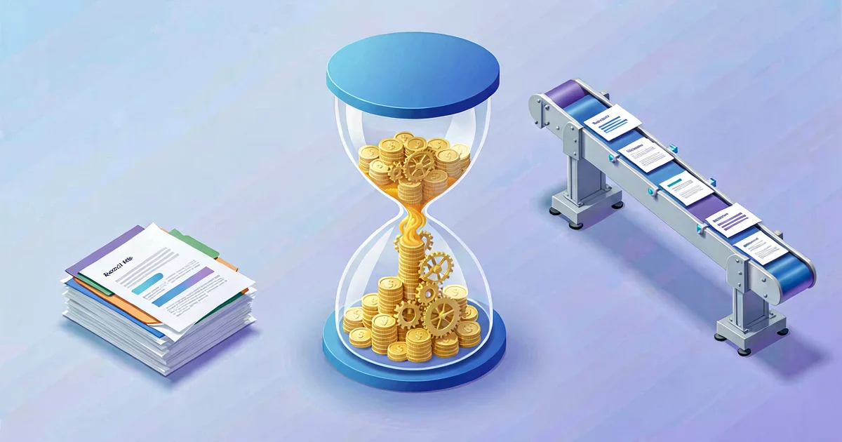 Un reloj de arena que se deshace en monedas apiladas y engranajes, con papeleo manual fluyendo hacia un proceso automatizado