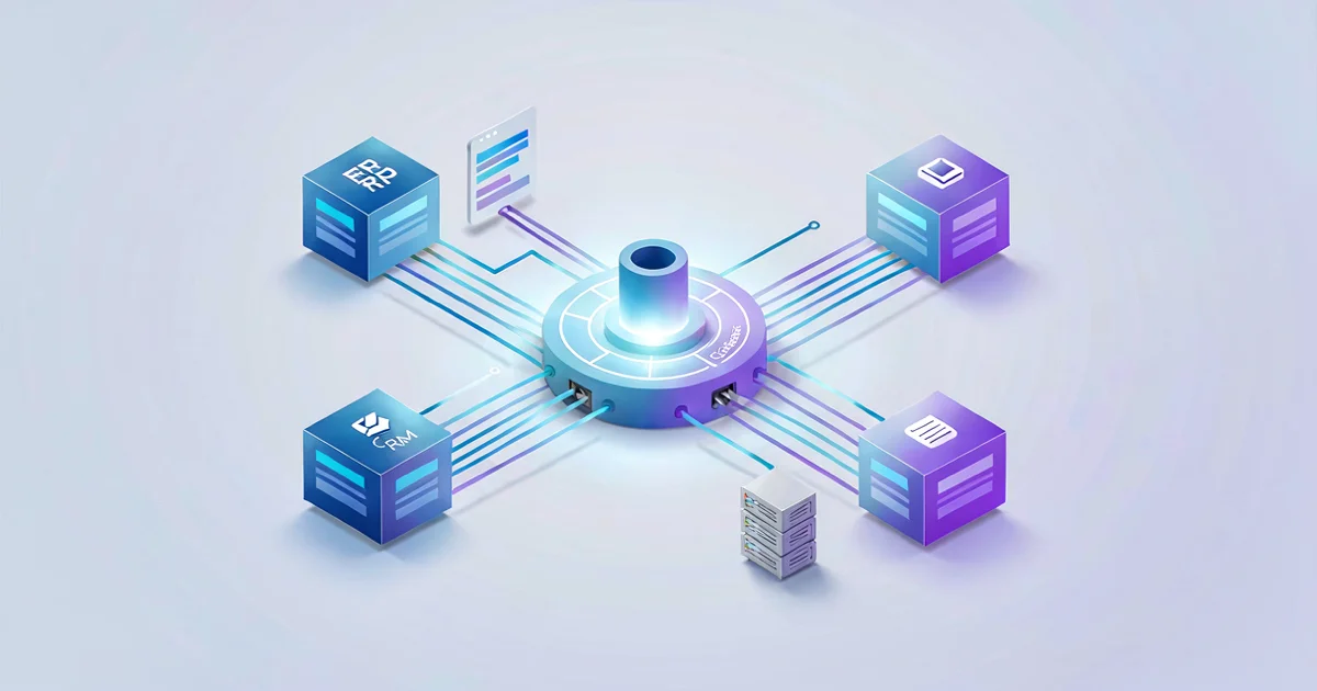 Un hub central que conecta un ERP, un CRM y otras herramientas de negocio con un modelo de IA
