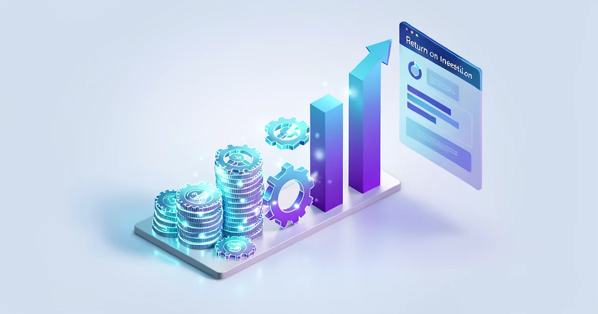 Gráfico de barras ascendente hecho de monedas y engranajes luminosos que representa el retorno de la inversión en automatización